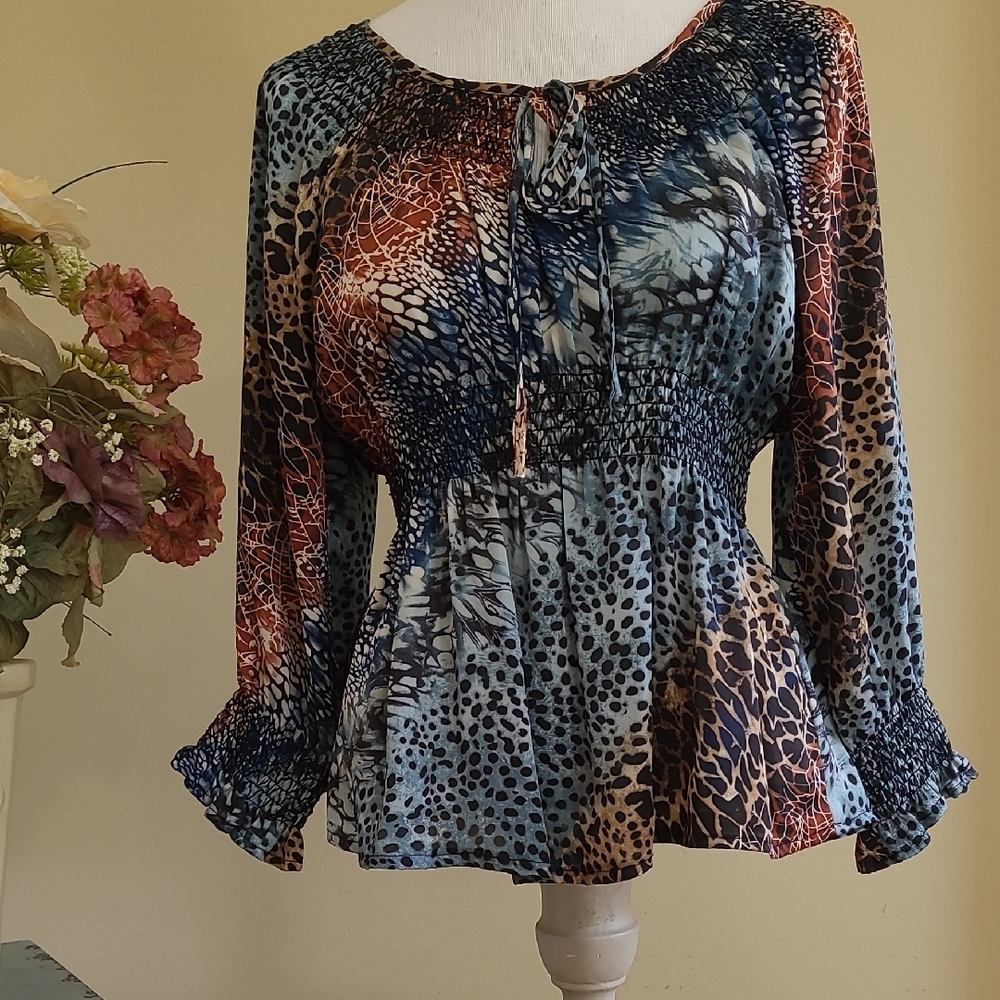 Blouse Pullover Top Flirty 3/4 Slve Multicolor Animal Print Mushka Sienna Rose M